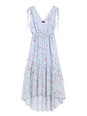 Banana Republic Blue Floral Print Sleeveless Ruched Waist High Low Midi Dress